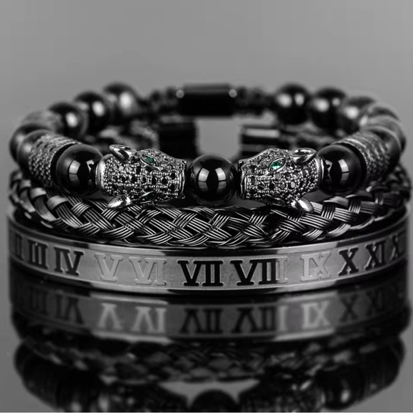 New 3PCS Mens Premium Black Agate Beaded Bracelet Set - Picture 10 of 12